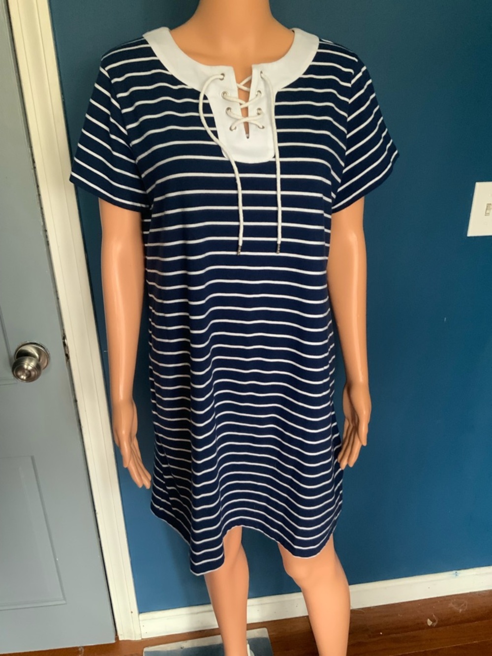 Chadwicks Navy and White Striped Lace-Up Tunic